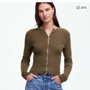 Madewell Green Ribbed Zip-Up Cardigan